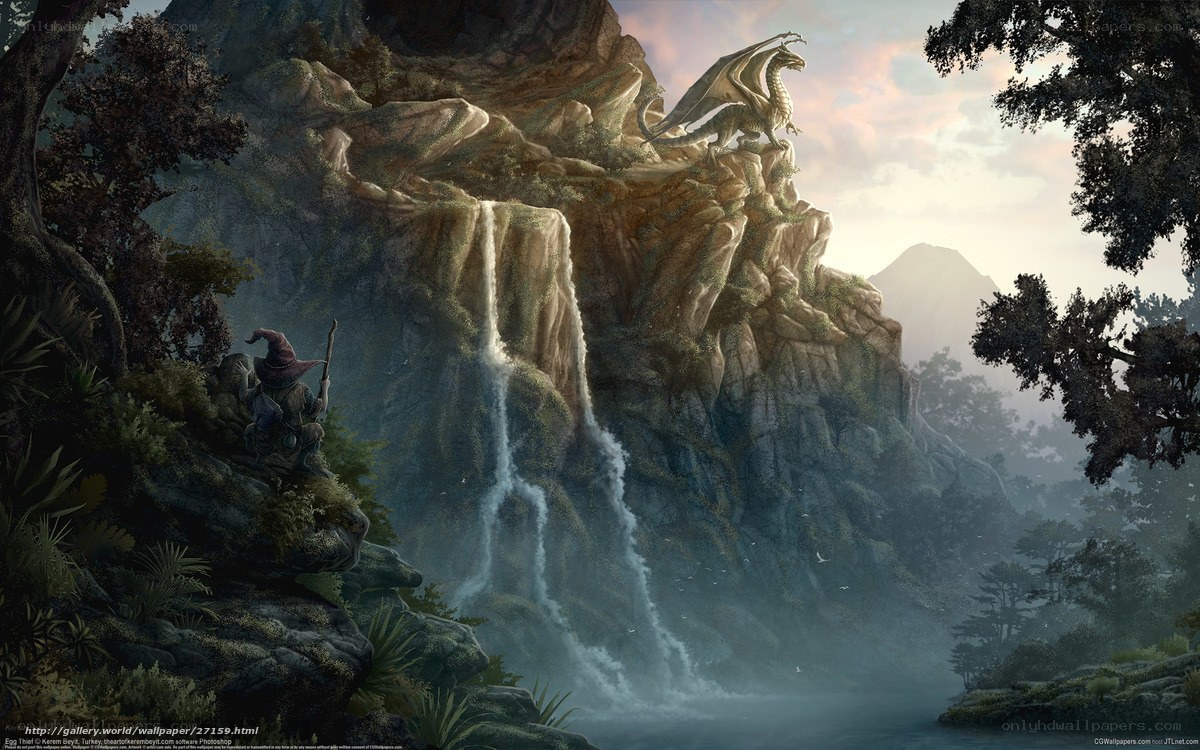 dragon on a cliff with waterfall