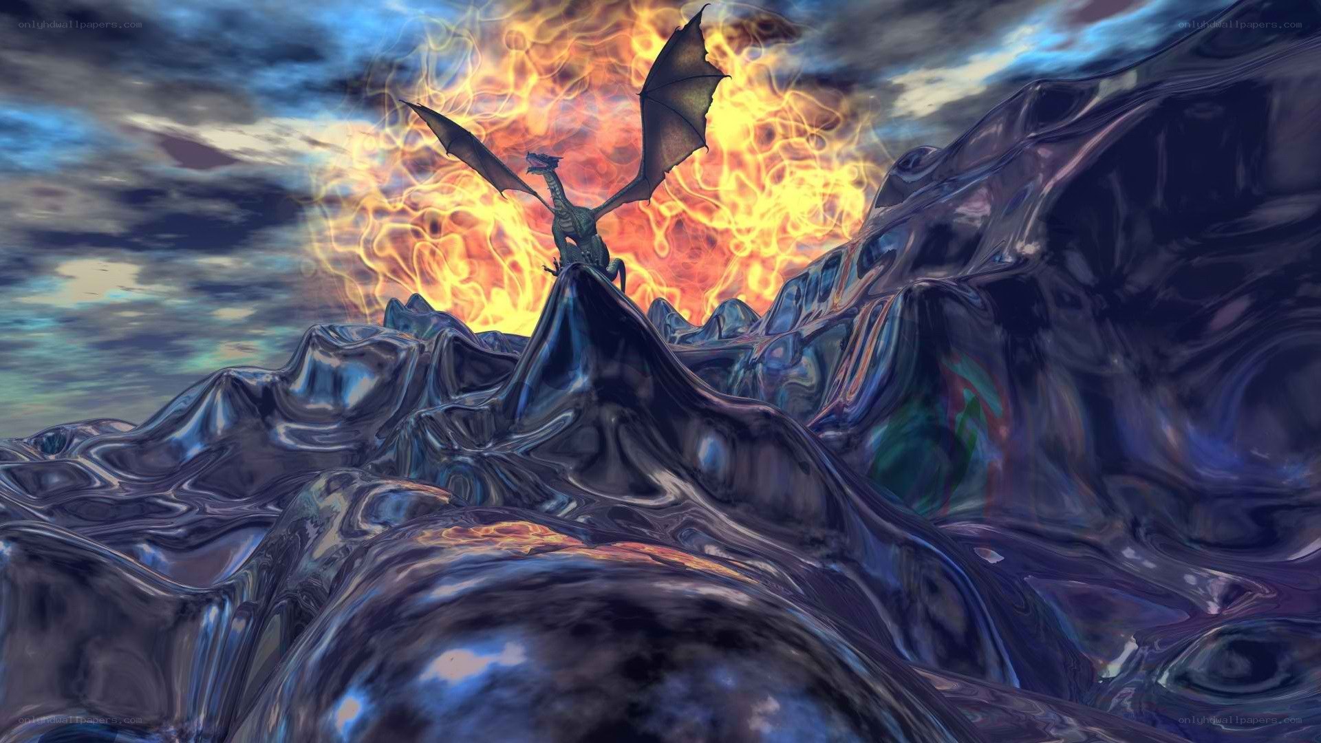 dragon on a fiery mountain