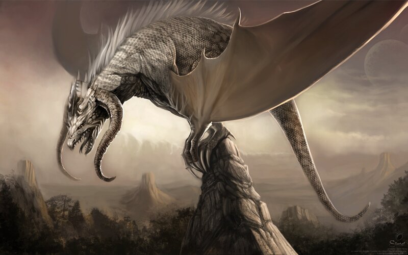 Dragon on a Rock — Gray, Dramatic, Digital Art