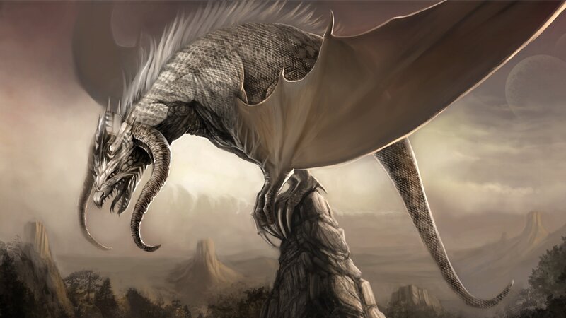 Dragon on a Rock — Gray, Dramatic, Night, Digital Art, Mountains, Sky