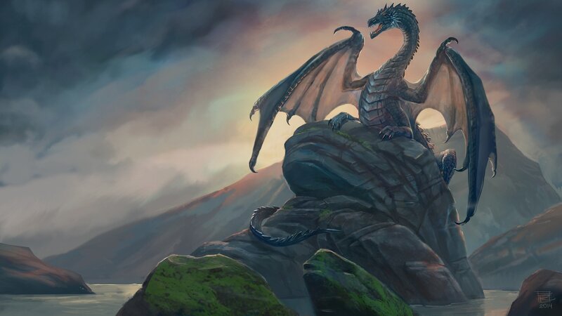 Dragon on a Rock — Gray, Dramatic, Sunset