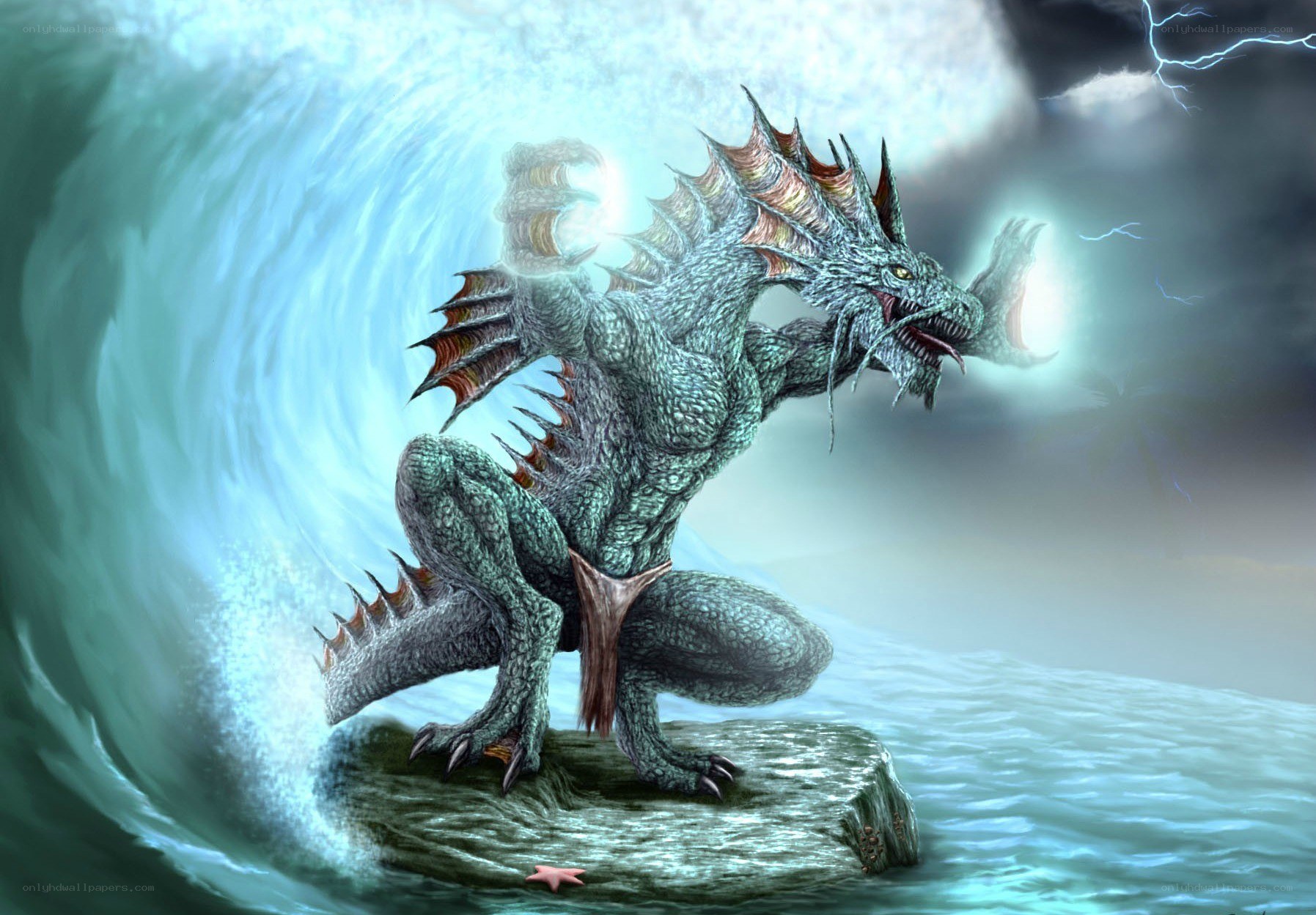 dragon on a rock in storm