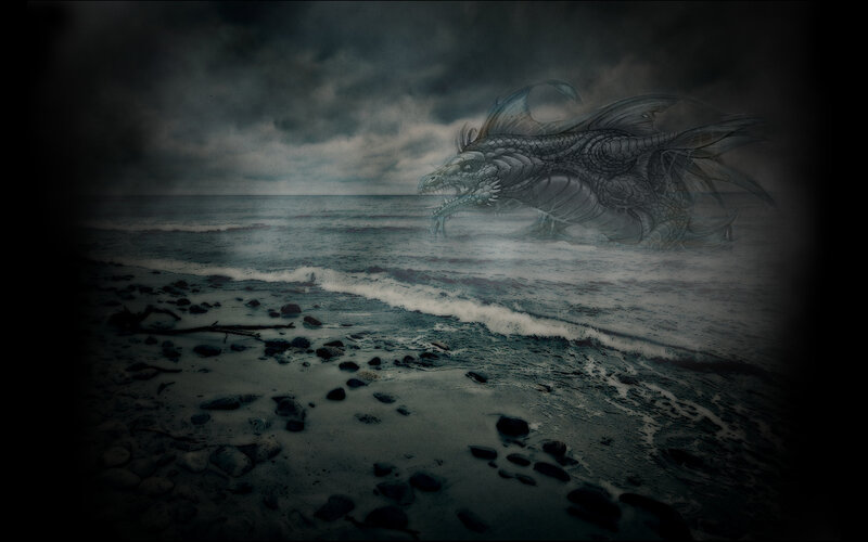 dragon on a stormy beach