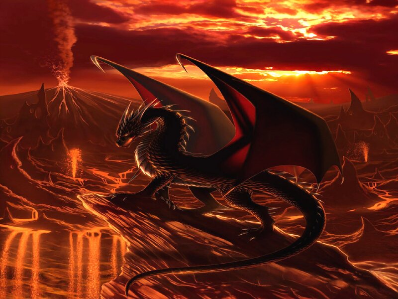 Dragon on a volcanic landscape