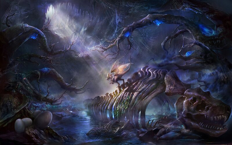 Dragon on Dinosaur Skeleton — Blue, Dark