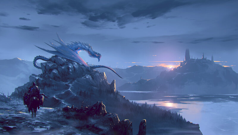 Dragon on Mountain Peak — Blue, Dramatic, Sunset