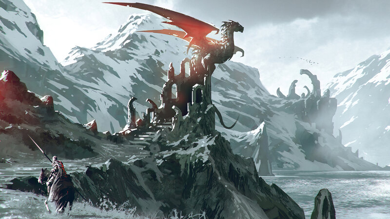 Dragon on Mountain Peak — Gray, Dramatic