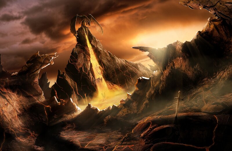 Dragon on Mountain Peak — Orange, Dramatic
