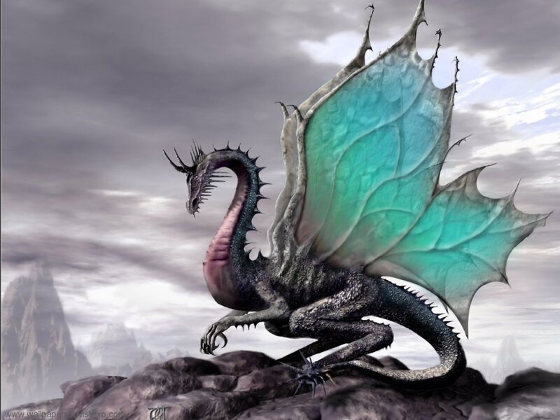 Dragon on Rocky Cliff — Gray, Dramatic, Digital Art
