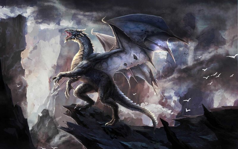 Dragon on Rocky Cliff — Gray