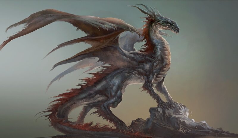 Dragon on Rocky Outcrop — Gray, Dramatic