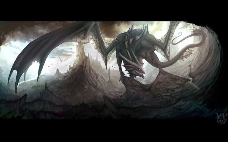 Dragon on Rocky Peak — Gray, Dramatic, Digital Art, Castle