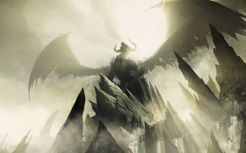 Dragon on Rocky Peak — Gray, Dramatic, Digital Art, Wings
