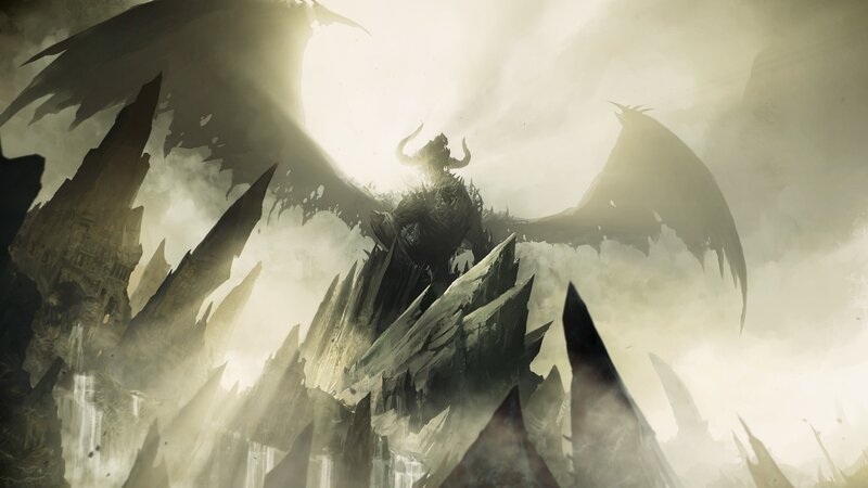 Dragon on Rocky Peak — Gray, Dramatic, Night, Digital Art, Wings