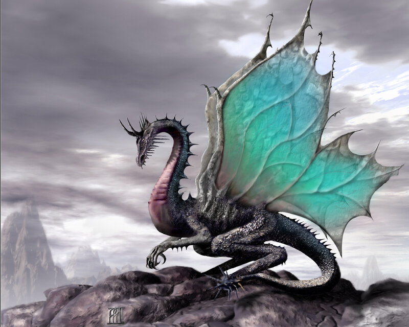 Dragon on Rocky Peak — Gray, Dramatic