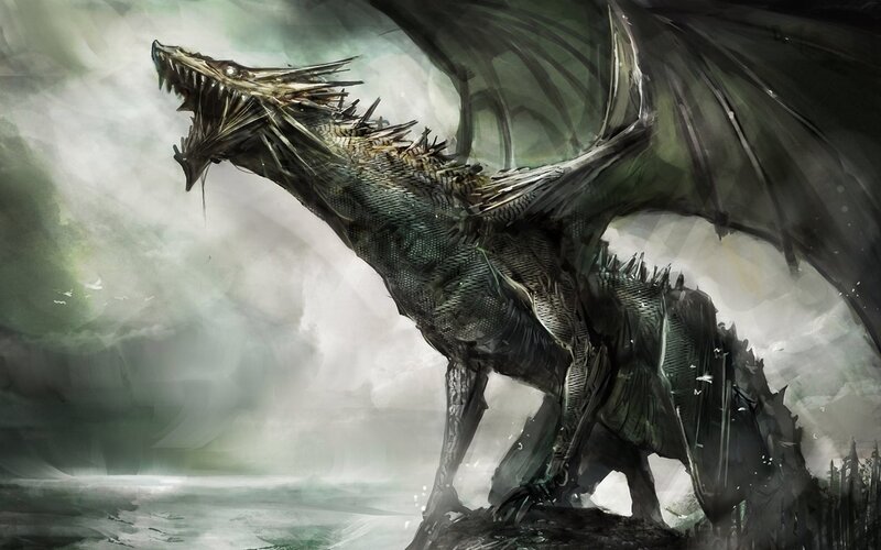 Dragon on Rocky Shore — Green