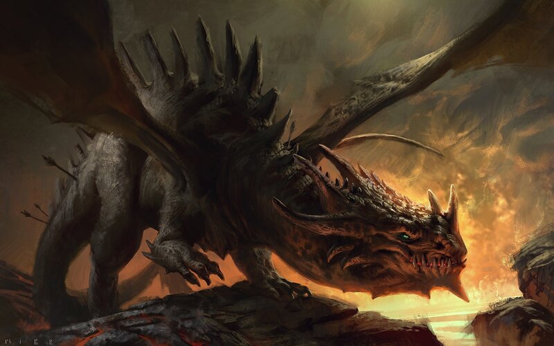 Dragon on Rocky Terrain — Brown, Dramatic