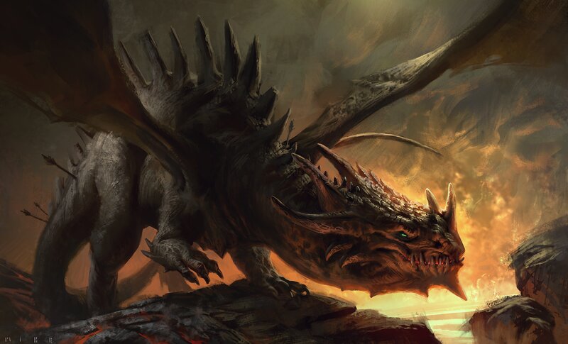 Dragon on Rocky Terrain — Orange, Dramatic