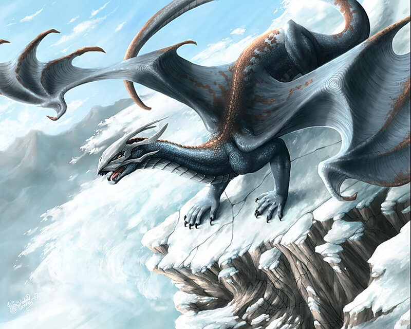 Dragon on Snowy Cliff — Gray