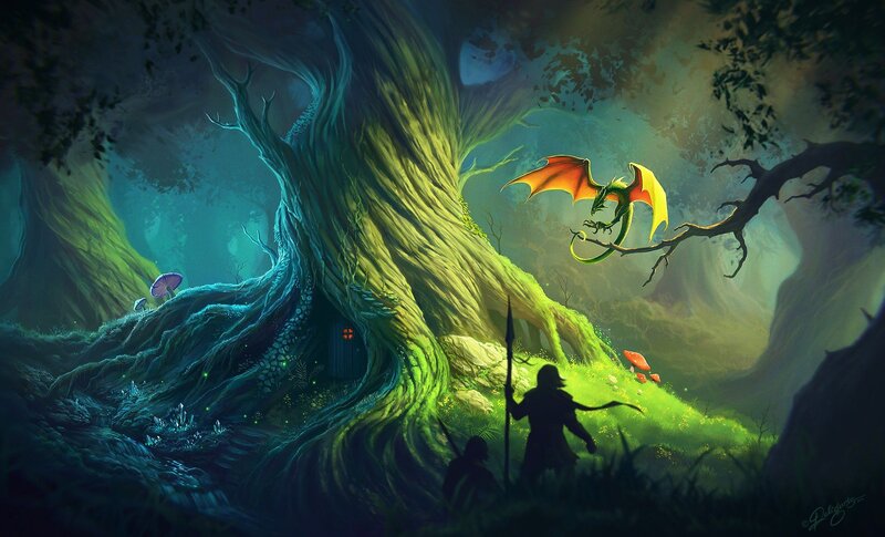 Dragon on Tree Branch — Green, Mysterious