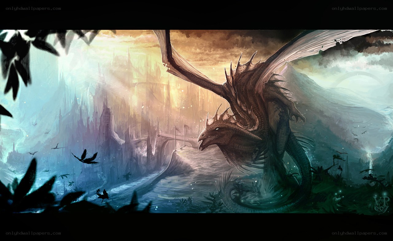 Dragon over a fantasy city