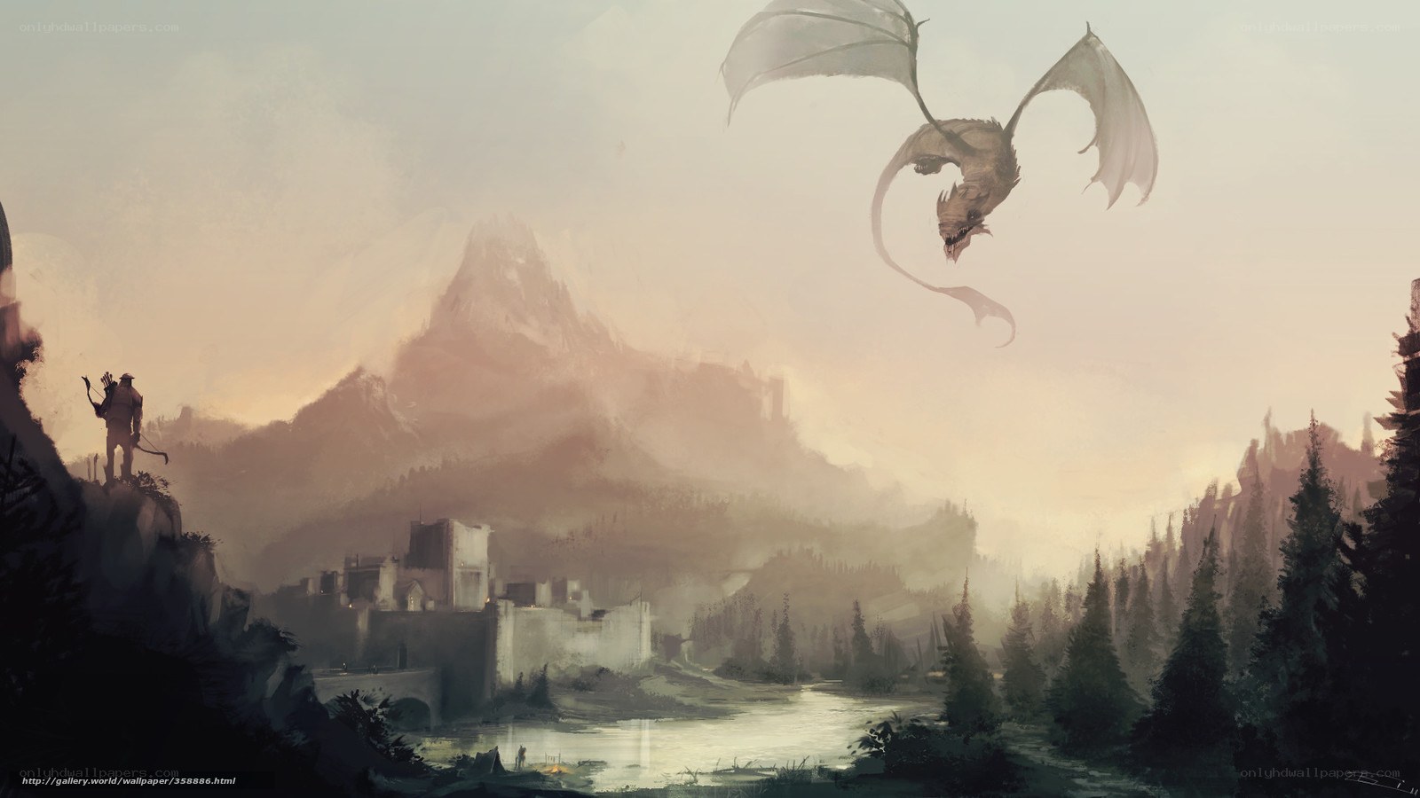 Dragon over a medieval valley