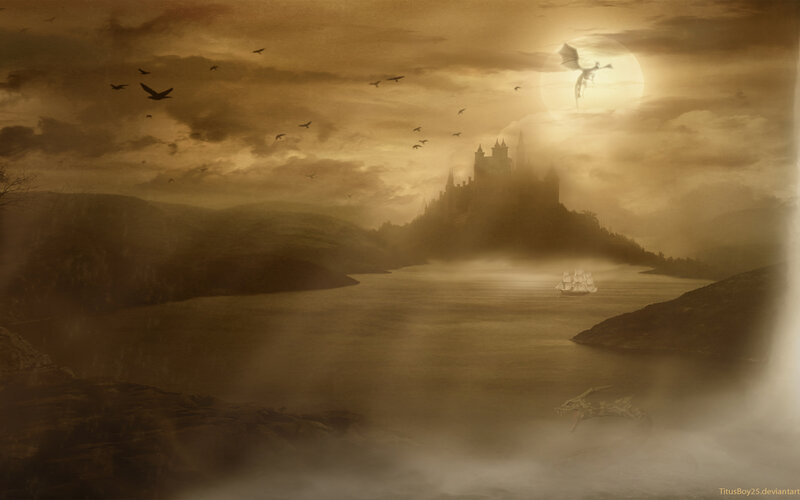 Dragon over a misty castle