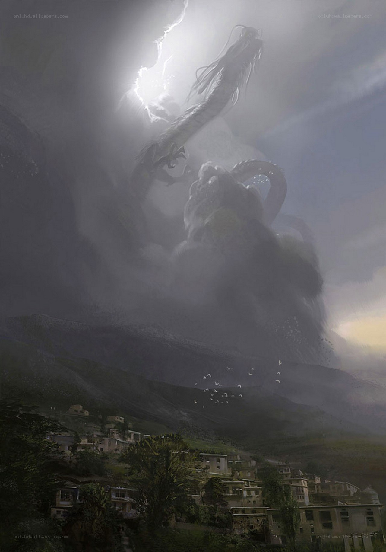 Dragon over a mountain village