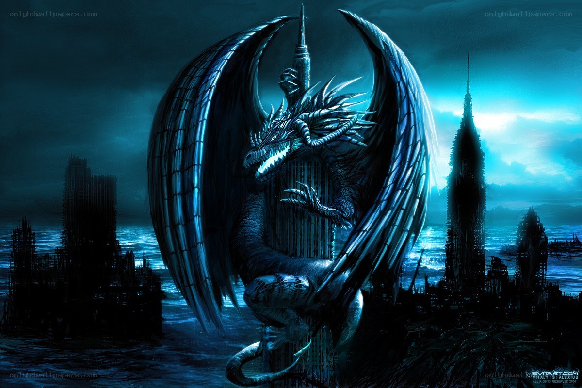 Dragon over a ruined city
