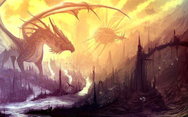 Dragon over a ruined city