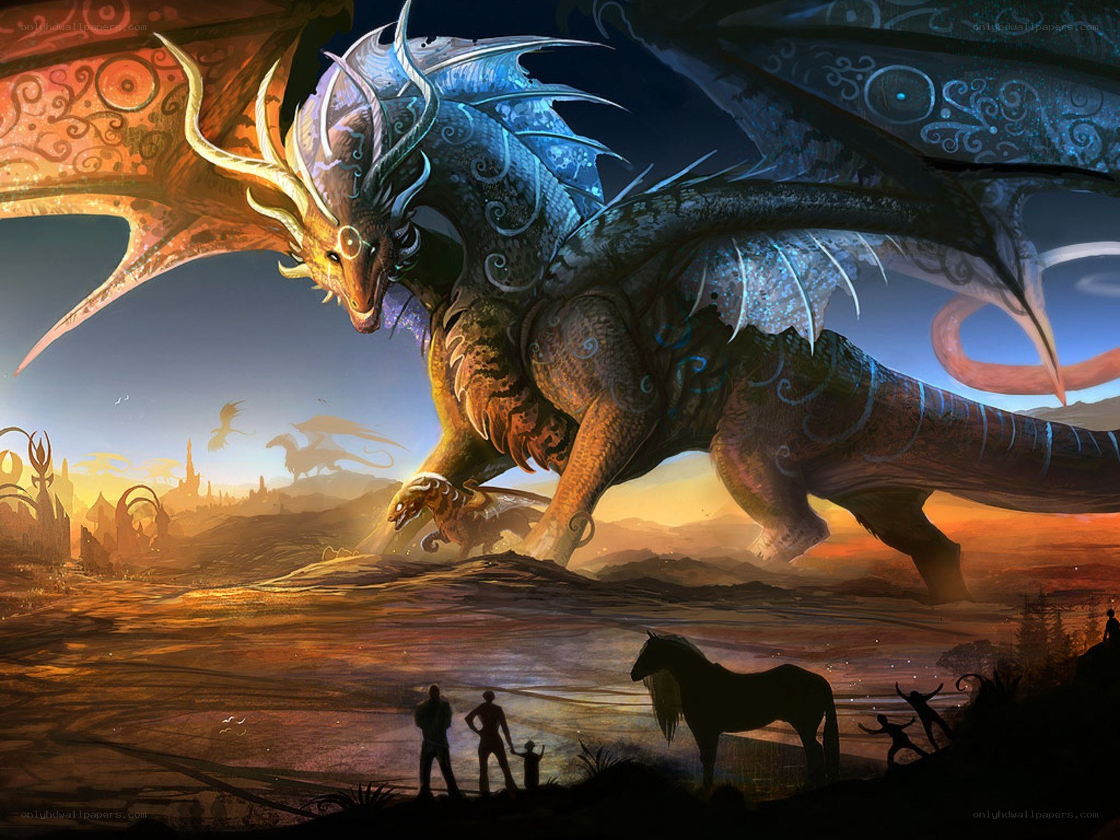 Dragon over a ruined landscape