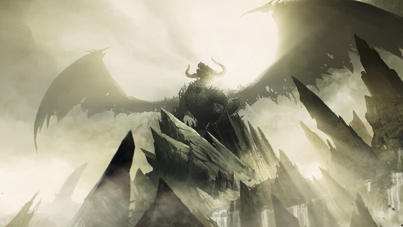 dragon over a ruined landscape