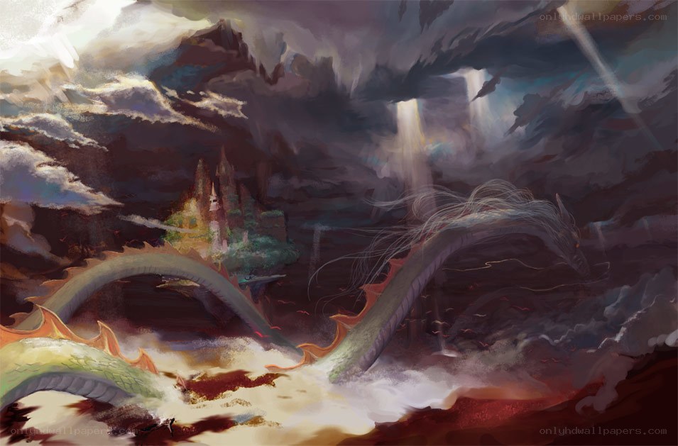 Dragon over a stormy kingdom