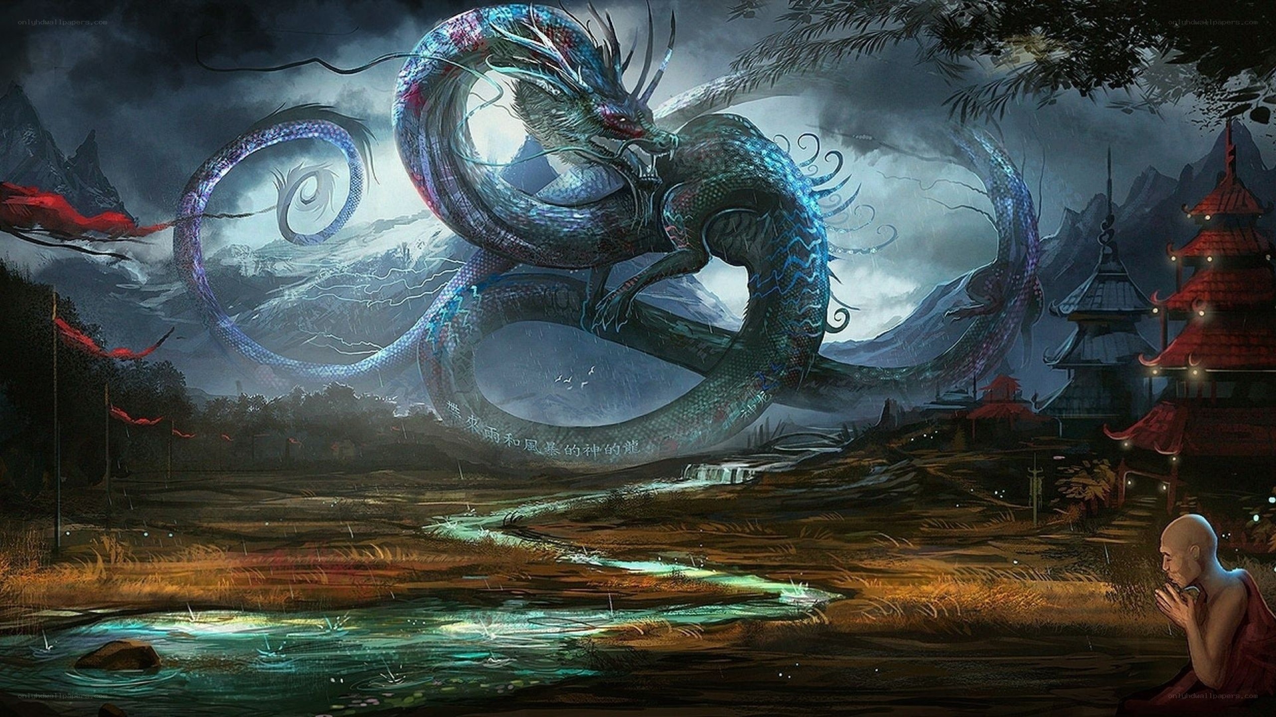 Dragon over a village