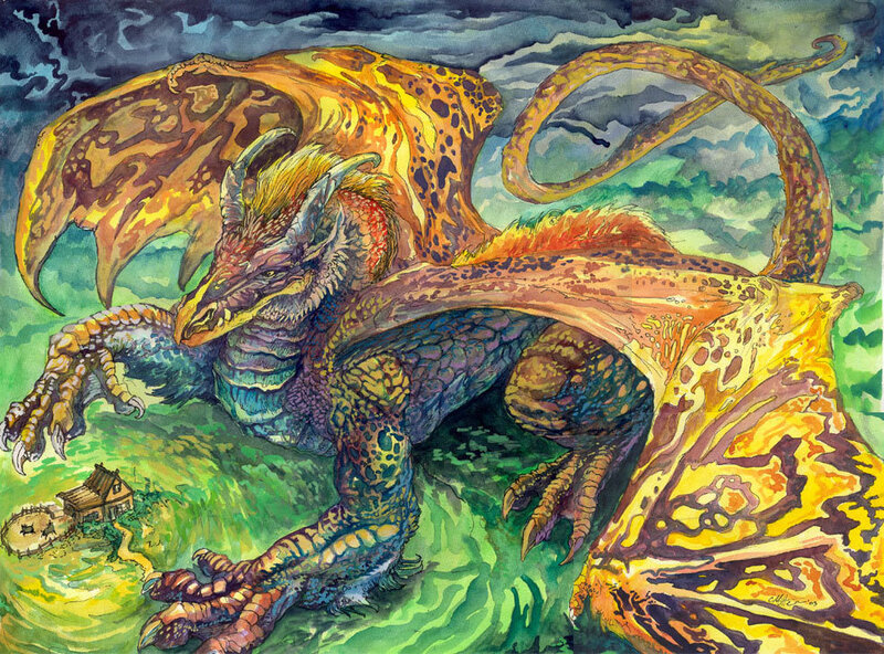 Dragon over a village