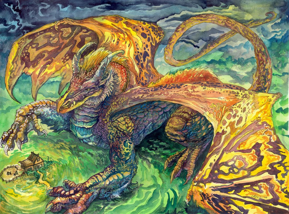 Dragon over a village