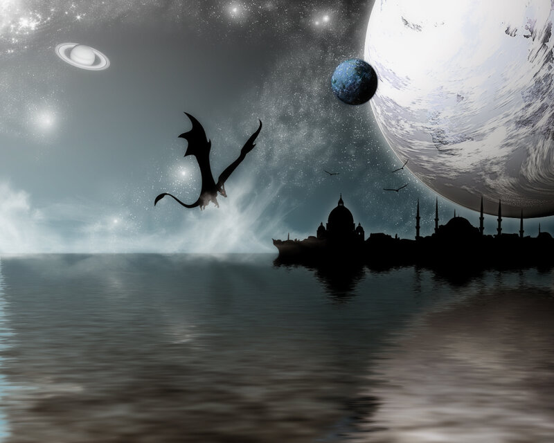 Dragon over alien city