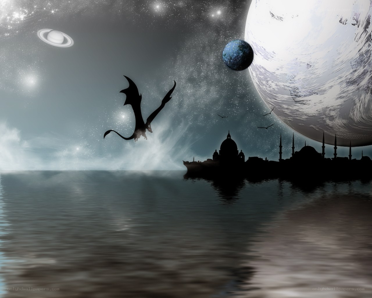 Dragon over alien city