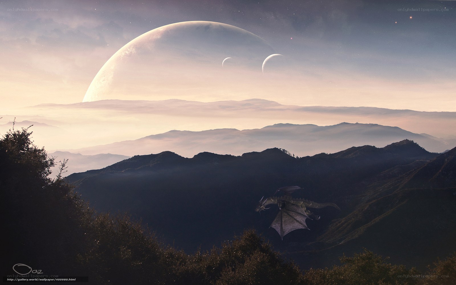 Dragon over alien landscape
