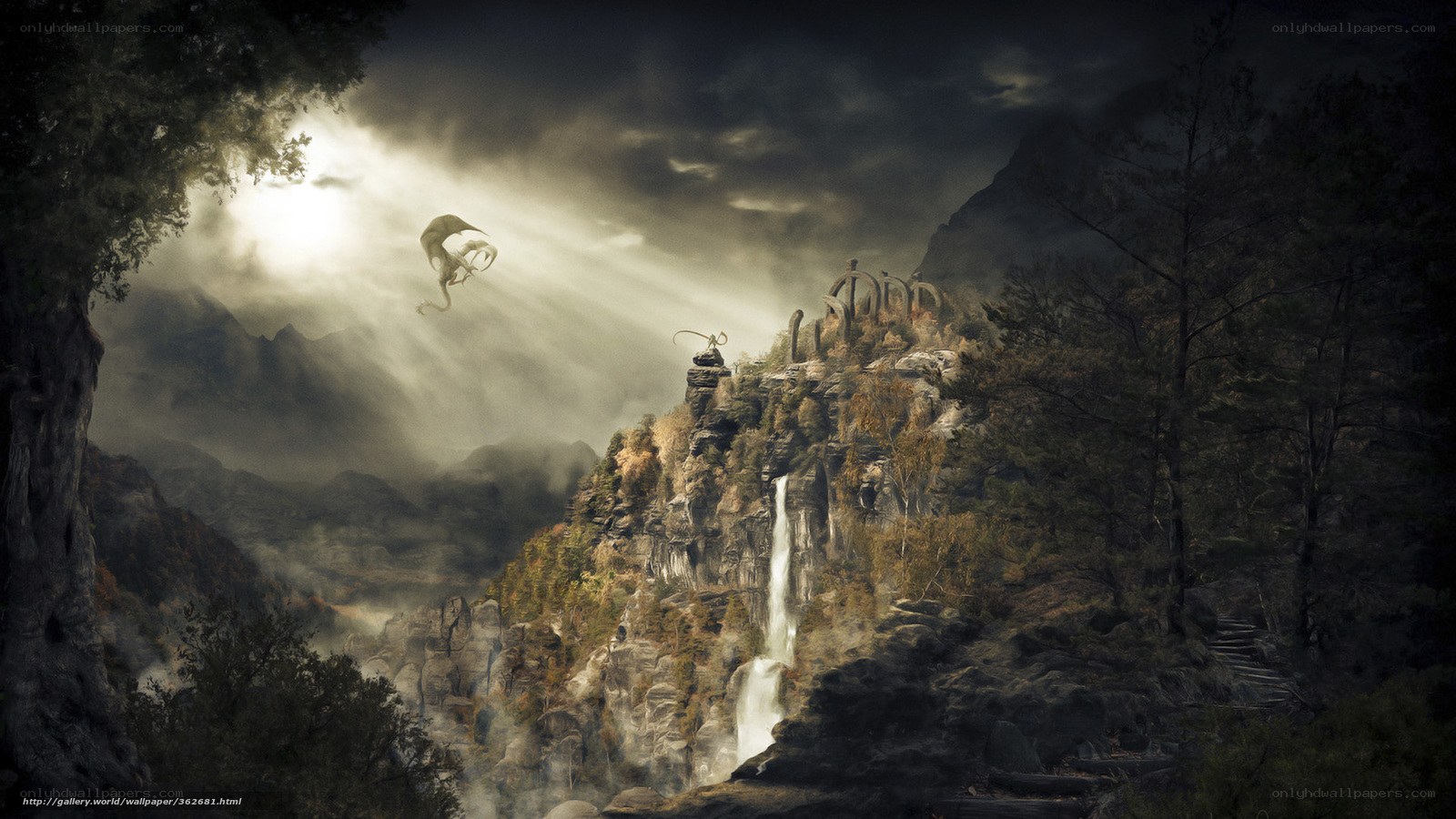 Dragon over ancient ruins