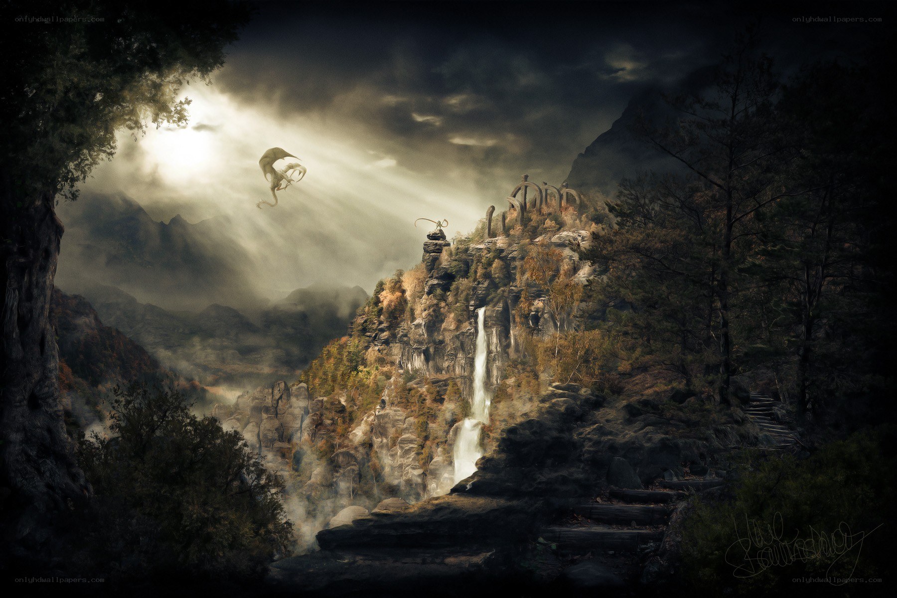 Dragon over ancient ruins