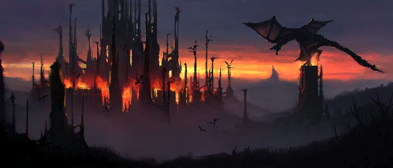 Dragon over Burning City — Orange