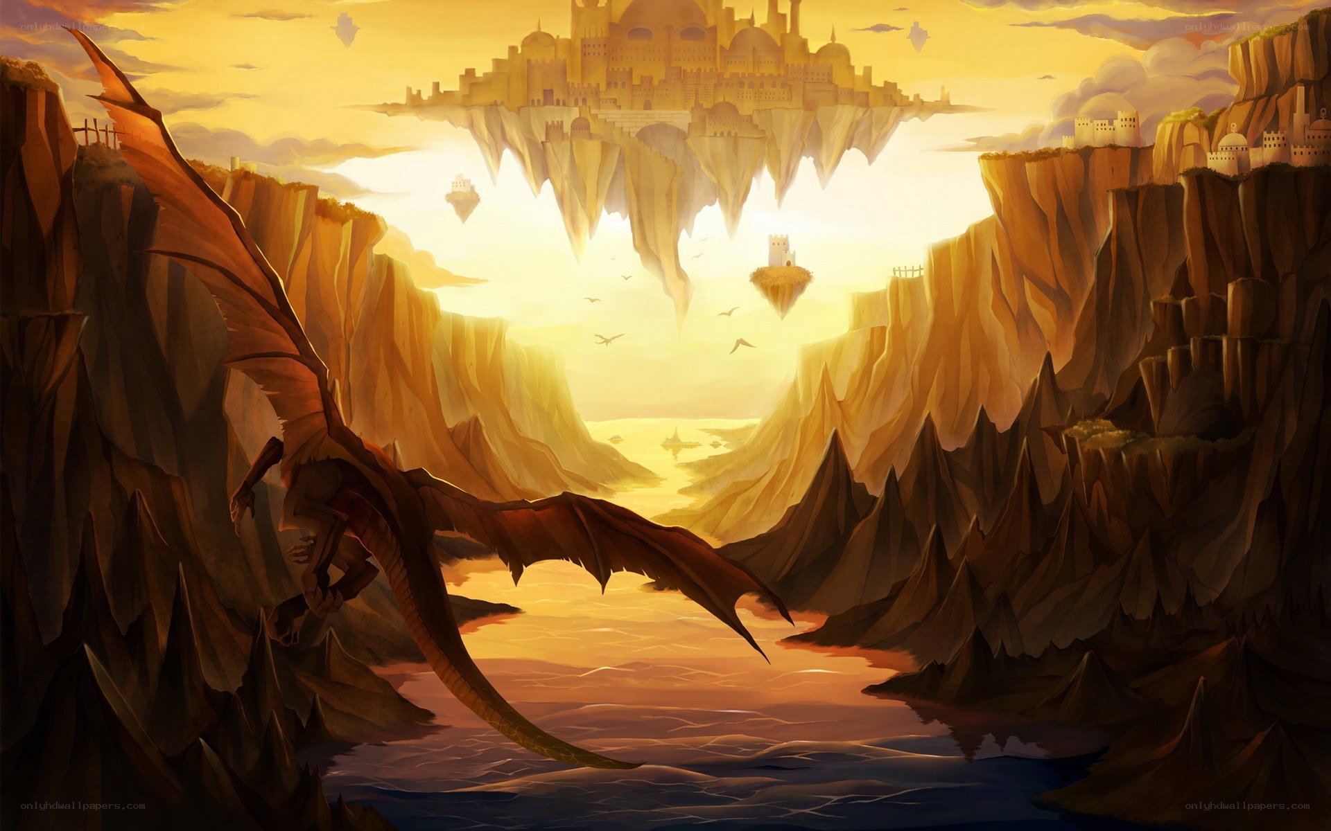 dragon over canyon at sunset
