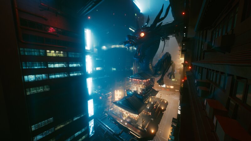 Dragon over City — Blue, Dark, Dramatic
