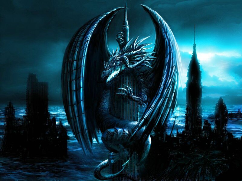 Dragon over City — Blue