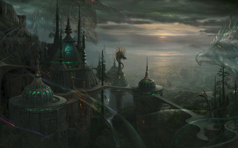 Dragon over City — Green, Dramatic, Sunset