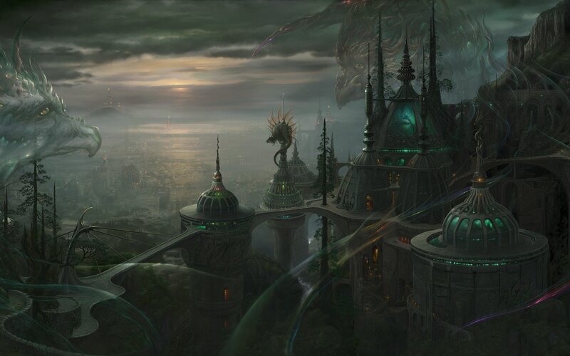 Dragon over City — Green, Dramatic
