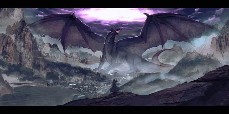 Dragon over City — Purple