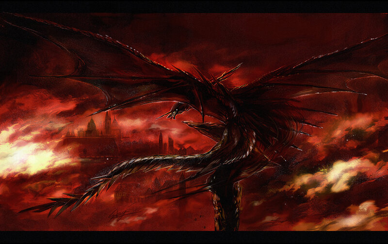 Dragon over City — Red