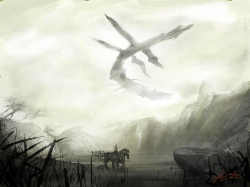dragon over misty landscape